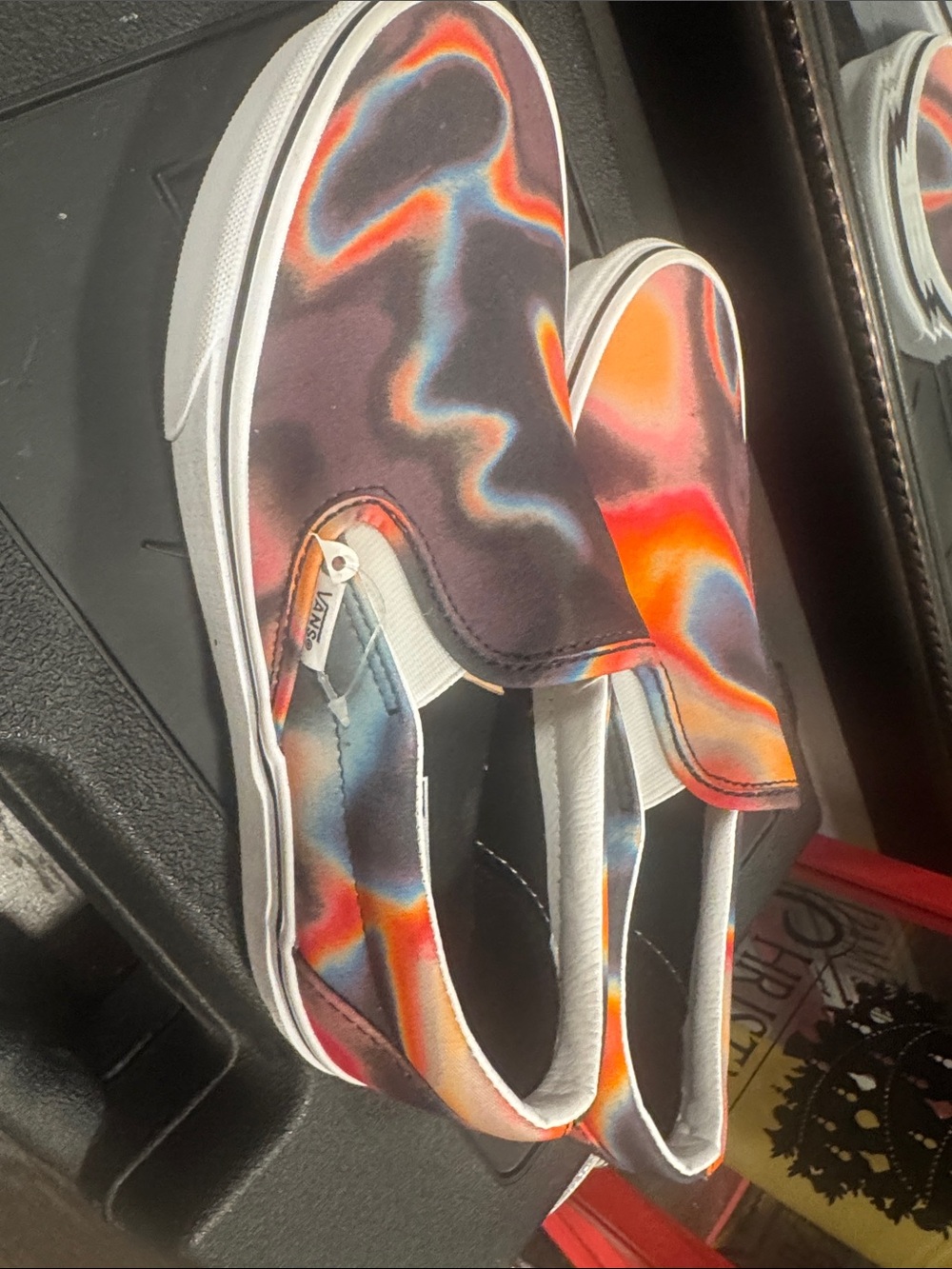 Vans Oil Spill Tie-Dye Slip-On Sneakers — Black, Orange, Pink
